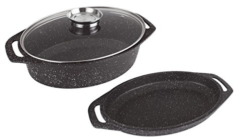 Kamberg - Cocotte Plat à Four 3 pièces 38 x 26 x 12,8 cm -Fonte d'Aluminium - Revêtement Type Pierre - Couvercle en Verre - Tous Feux dont Induction - Sans PFOA - 0008049