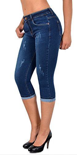 ESRA Damen Capri Jeans Hose Damen Caprihose 3/4 Jeans-Hose kurz bis Übergröße C15