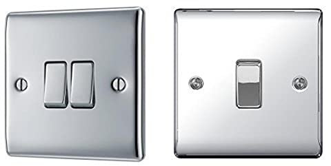 BG Electrical NPC42 Nexus 2-Gang 2-Way Electrical Metal Polished Chrome 10Ax Plate switch, Polished Chrome + Electrical NPC12 Nexus Metal Polished Chrome 1 Gang 2 Way 10 A Plate Switch