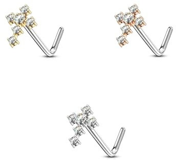 Tapsi´s Coolbodyart® Nasenpiercing L Stecker Gebogen Chirurgenstahl 316L Silber,Gold,RoséGold 6mm Zirkonia Kreuz 3er Set