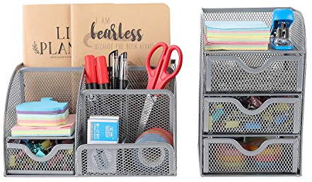 EasyPAG Office Mesh Desk Tidy 2 Piece Organiser Set - Versatile Desktop Stationery Holder and 3 Tier Small Drawer Storage,Silver