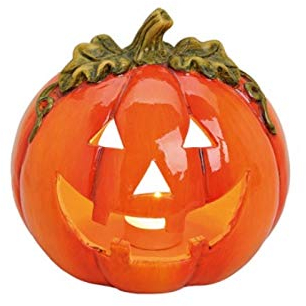Halloween Deko Windlicht Teelichthalter Kerzenhalter „Kürbis mit Gesicht“ aus Ton glänzend - orange Ø18 x T17 cm - stimmungsvolle Herbstdeko für Innen Außen Gruseldeko Tischdeko Garten Party