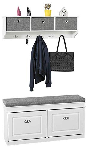 SoBuy Flurgarderoben Set Wandgarderobe-Set Flurset Flurmöbel Schuhbank mit Sitzfläche Flurgarderobe, weiß FSR64-W+ FRG282-W