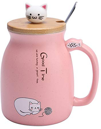 ASHATA 420ml Coffee Mug with Lid and Spoon, Lovely Cat Ceramic Coffee Cup with Lid and Stainless Steel Spoon for Home Office Drinkware Gift(Pink)