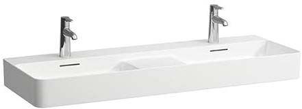 Laufen VAL Doppelwaschtisch, 3 Hahnlöcher, mit Überlauf, 1200x420mm, semi-trockener Bereich mittig, H814282, Farbe: Weiß