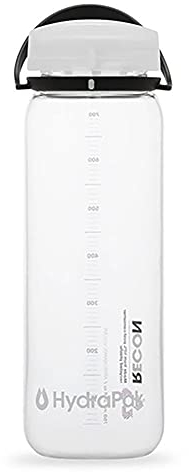 HydraPak Recon - Bouteille d'eau en plastique recyclé à 50%, respectueuse de la nature et sans BPA, Bouchon à vis à débit fluide, facile à transporter (750 mL, transparent/noir et blanc)
