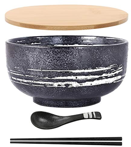 MUXUE Japanische Ramen Vintage Schüssel mit Deckellöffel Ramenschale aus Keramik Handgezeichnete Reisschale Nudelschüssel Instant Nudeln 6,5 Zoll