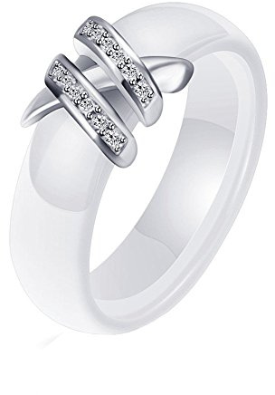 HIJONES 6MM Blanc & Noir Céramique Bague Plaine pour Femme avec Zircone Cubique Bande de Engagement Mariage Double Rangée Blanc Taille 62