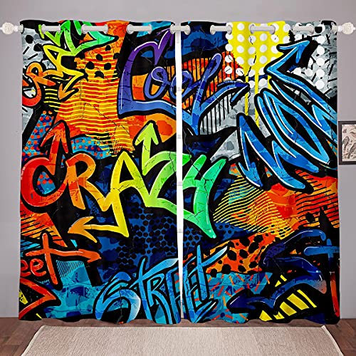 Homewish Graffiti Fenstervorhänge Hip Hop Vorhang Panels Bunte Straßenkultur Hippie Fenstervorhänge für Kinder Jungen Mädchen Morden Urban Style Hipster Fensterbehandlungen Wohnzimmer Dekor 55 x96