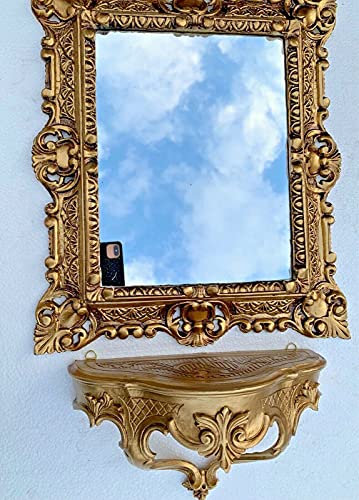 Wandspiegel Gold mit Konsole Barock Antik 45x38 Flurspiegel Badspiegel mit Ablage Wanddeko Prunkspiegel 3047+cp69 Set