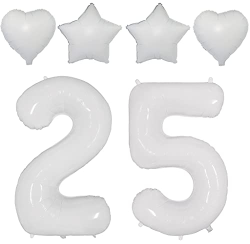 2 Luftballons Zahl 25 Weiß,40Nummer 25 Luftballon Weiß frau +Stern/herz Folienballon,Helium ballons 25. Geburtstag deko frau mann Folienballon 25 jahre Geburtstag dekoration frauen(25)