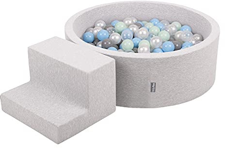 KiddyMoon Parque Infantil De Espuma con Rodondo Piscina De Bolas (100 Bolas) para Niños, Gris Claro:Perla/Gris/Transparente/Azul Clr/Menta