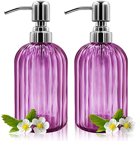 Seifenspender – 2 Stück, 400 ml, Glas-Seifenspender mit rostfreier Edelstahlpumpe, nachfüllbarer Flüssigkeitsflaschenspender, Premium-Handdosenspender für Badezimmer, Küche, Arbeitsplatte (lila)