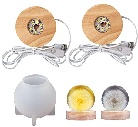 DIY Kugel Silikonformen mit Lampenfassung, 2 Stück LED-Lichter Display-Basis with Ball Runde Silikonform Epoxidharz Formen Runde Kugel Formen Basteln Gießform Kugel Epoxidharz for Kleine Tischlampe