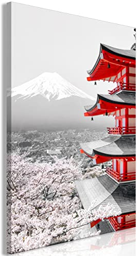 decomonkey Bilder Architektur Landschaft 40x60 cm 1 Teilig Leinwandbilder Bild auf Leinwand Vlies Wandbild Kunstdruck Wanddeko Wand Wohnzimmer Wanddekoration Deko Japan Gebirge Kirschbaum Rot Grau