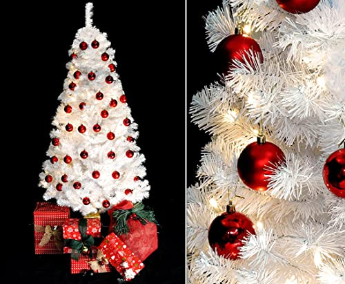 Weißer Weihnachtsbaum fertig geschmückt mit roten Kugeln 180cm und 192 LEDs von bambussi