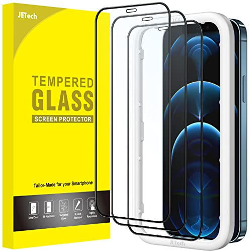 JETech Protector de Pantalla Cobertura Completo para iPhone 12/12 Pro 6,1 Pulgadas, Borde Negro Cristal Vidrio Templado con Marco de Instalación Fácil, HD Transparente, 3 Unidades