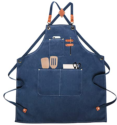 SUPRBIRD Schürze Kochschürze Grillschürze für Männer und Frauen Canvas Jeans Schürze mit Taschen und Verstellbarem Gürtel,Witziges Geschenk,für Küche Grill Handgemacht Backen (blau)