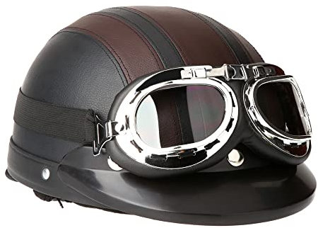 HUIOP Scooter Helmets,Motorcycle Scooter Open Face Half Leather Helmet with Visor UV Goggles Retro Vintage Style 54-60cm