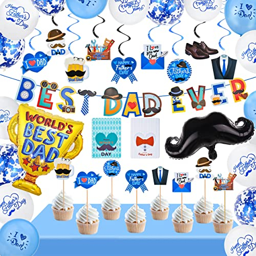 Abitoncc Vatertags-Dekorationen Best Dad Ever Banner Vatertagskarten Vatertag hängende Wirbel Kuchendekoration Blau und Weiß Latexballons für Vatertag Party Zubehör Indoor