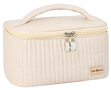 Tragbare Reise Make Up Tasche Aufbewahrungstasche aus PU-Leder Reise Kosmetiktasche Mit Großem Fassungsvermögen Damen Reise Schminktasche süße Reise-Kulturtasche (Beige)