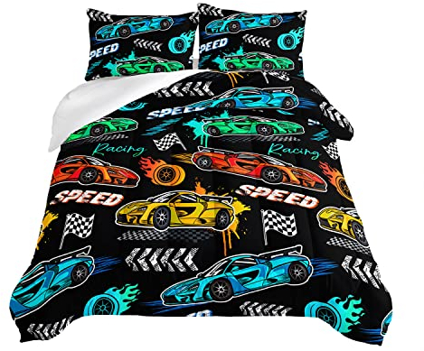 HOSIMA Kinder-Bettwäsche-Set mit Cartoon-Sportwagen-Motiv, 3-teiliges Set mit 2 Kissenbezügen, Rennwagen-Bettwäsche für Jungen und Mädchen, Fast and Furious Extremsportspiele, schwarzes Bettdecken-Set