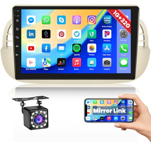 Hikity Autoradio con GPS per Fiat 500 2007-2014 Android Car Radio con Schermo da 9 Pollici Touchscreen Stereo Auto con Bluetooth Supporto WiFi SWC FM/USB Canbus+Retrocamera