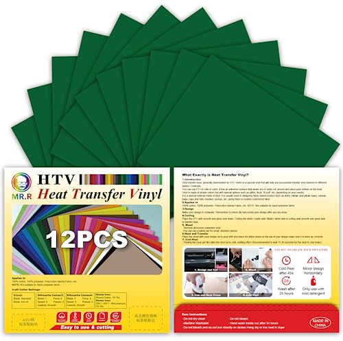 MR.R HTV 12 Pack Green Color Heat Transfer Vinyl Bundle 12 x 10 Vinyl Sheets,Iron On Vinyl for Cricut & Heat Press Machine 0.305 * 0.25M