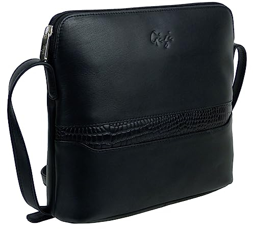 Gigi Damen Umhängetasche aus Leder mit Krokodilprägung – Schwarz, Schwarz