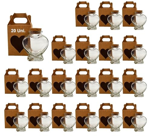 Espirito Rebelde 20 Magische Libellen in Herzform, 70 ml, mit Korkverschluss + 20 Schachteln | Dekoration, Geschenke und Souvenirs für die Hochzeit | Tränkenflasche