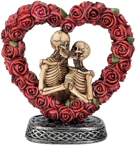 Figuren Shop GmbH Romantische Skelett-Figur 12 cm - Liebespaar im Rosenherz küssend, handbemalt, Gothic-Deko, Fantasy Statue