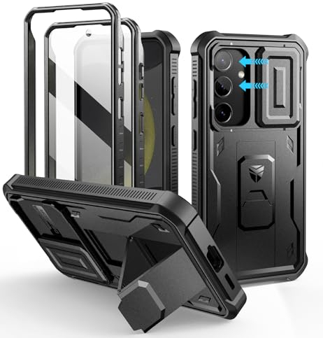 Dexnor Kompatibel mit Samsung Galaxy S24 Hülle mit Eingebaute Schiebekamera Abdeckung&Displayschutz&Kickstand, Schwerlast Stoßfestes Robustes Handyhülle Ganzkörper Stoßfänger Schutzhülle - Schwarz