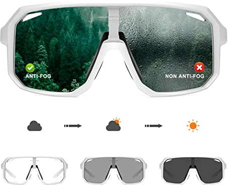 KAPVOE Fahrradbrille Selbsttönend Herren Photochrome MTB Brille Sportbrille Rennrad Brille Damen Sportsonnenbrillen für Radbrille Radfahren Brille Klar Mountainbike Sonnenbrille Laufbrille Weiß