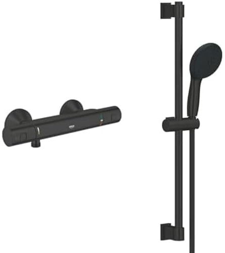GROHE Vitalio 110 - Brausestangenset + Kleber Set (wassersparend, 60cm Brausestange, schnelle Installation, anpassbar an Bohrlöcher), rund, matt schwarz, 279482431