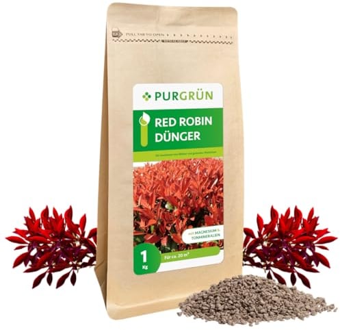 Purgrün® Red-Robin-Dünger 1 kg – Magnesium für eine intensive Blattfärbung – Erhöhte Widerstandskraft dank Kalium – Verbessert die Bodenqualität mit Tonmineralien – Heckendünger für ca 30 Pflanzen
