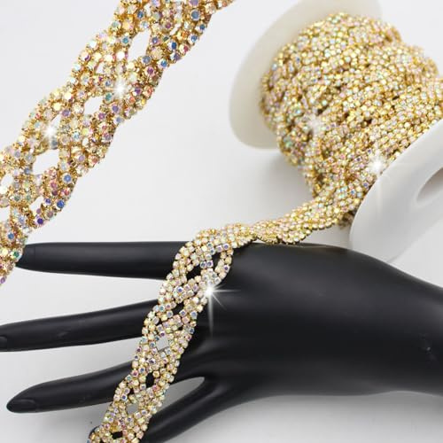 PEARLY JUN 91 Cm Golden AB Strassband Zum Aufnähen Rhinestone Chain Strasssteine Glitzerband Strassband Chain Kette Glitzer Annähen Trim DIY für Hochzeitskleid Dekoration Kleidung Kuchen