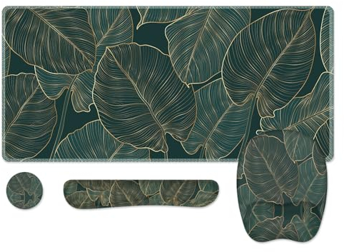 Anyshock Large Mouse Pad with Wrist Rest, Desk Mat, 4PCS Ergonomic Desk Pad Mat with Coaster Set, Computer Mousepad Wrist Support for Office Desktop Laptop, Green Palm Leaves