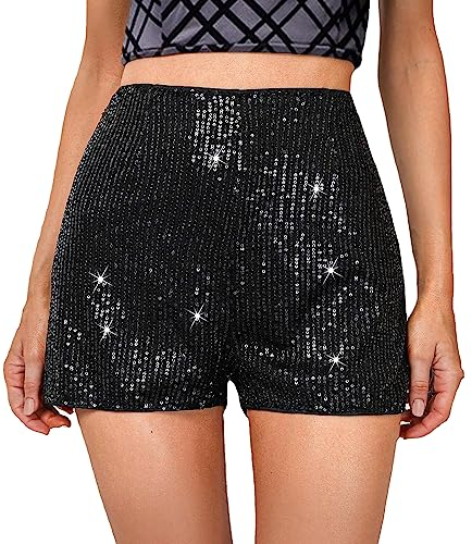 Qianderer Damen-Shorts mit Pailletten, hohe elastische Taille, glitzernd, gerades Bein, einfarbig, glitzernd, für Partys, Schwarz , L