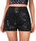 Qianderer Damen-Shorts mit Pailletten, hohe elastische Taille, glitzernd, gerades Bein, einfarbig, glitzernd, für Partys, Schwarz , L