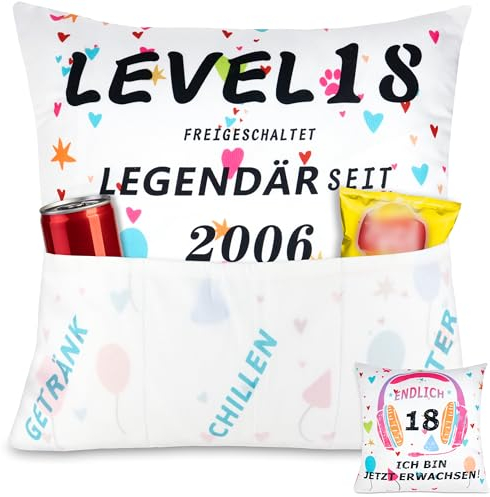 Shoppawhile 18. Geburtstag Mädchen Geschenk Kissenbezug 45 * 45cm Geschenke zum 18 Geburtstag für Tochter Nichte Beste Freundin Geschenkideen Lustig Doppelseitige Zierkissenbezüge mit 3 Taschen