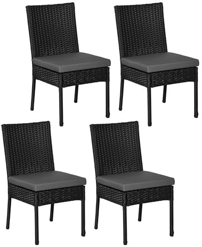 Outsunny 4 Pieces PE Rattan Garden Chairs with Cushion, Patio Wicker Dining Chairs with Backrest for Patio, Deck, Garden, Black