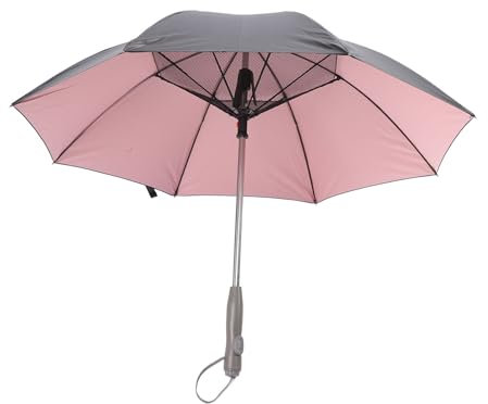 Umbrella with Built In Fan and Mist Spray 190T Fiberglass 8 Ribs Rechargeable Long Handle Sun Umbrella for Summer Cooling Beach Sports (Outer Black Inner Pink)