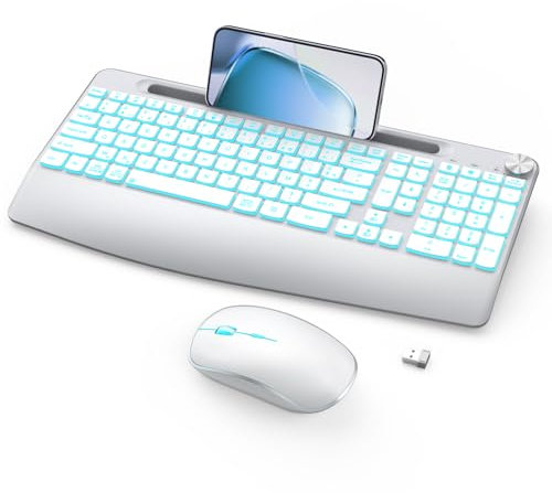 JOYACCESS Clavier et Souris sans Fil, Clavier Rétroéclairé sans Fil avec Support pour Phone, Clavier sans Fil Rechargeable avec Repose-Poignets, Récepteur USB, pour PC, Mac, Windows - Blanc Argent