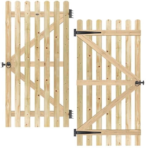 Rounded Wicket Picket Garden Wood Timber Gate Height: 6ft (180cm/1800mm) x Width: 3ft (90cm/900mm) with Ring Latch Hinge Pack (2x 450mm Hinges+1x Ring Latch+1x Pad Bolt) Palisade Pathway Short Gate