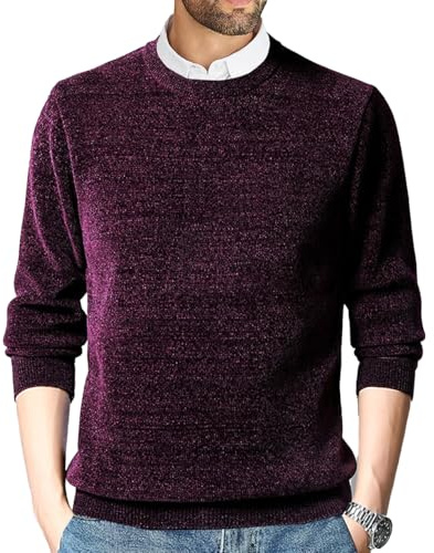 Maglione da Uomo in ciniglia Girocollo a Maniche Lunghe vestibilità Regolare Maglione Lavorato a Maglia Invernale in Pile Caldo Felpa Foderata in Pile, Viola, L