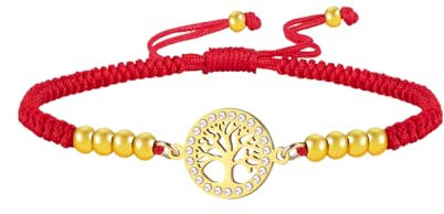 Dreamtimes Pulsera de árbol de la vida para mujer, pulsera de árbol genealógico, pulsera de cuerda trenzada hecha a mano, pulsera ajustable, joyería delicada (Rojo)