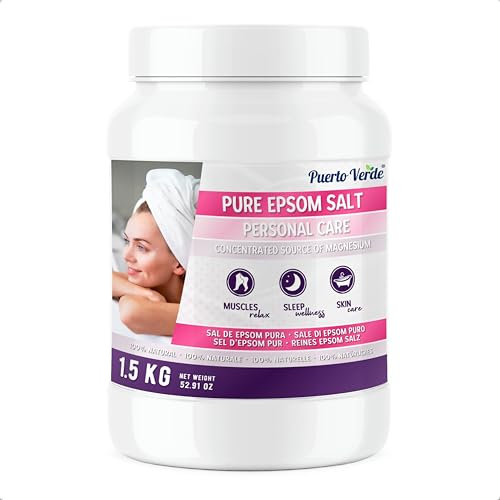 Puerto Verde • Sal de Epsom Pura 1,5 Kg. Fuente Concentrada de Magnesio. Sal de Baño y Cuidado Personal. Sales Epsom de Rápida Disolución para Relajación Muscular y Buen Sueño. Producción Española.