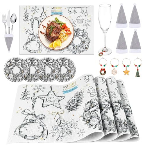 Phestival 16 IN 1 Premium PVC Tischsets Abwaschbar – 4er Tischset - Tischsets Platzsets, Untersetzer Gläser, Glasmarkierer, Bestecktasche - Platzdeckchen