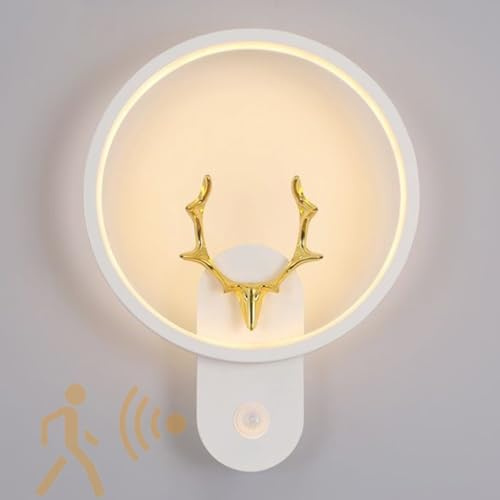LED Nordic Hirsch Wandlampe mit Bewegungsmelder Wandleuchte Modern Minimalismus Runden Wandbeleuchtung Innen 16W 3000K/4000K Wandleuchten Schlafzimmer Wohnzimmer Treppenhaus (Weiß, Warmes Licht)