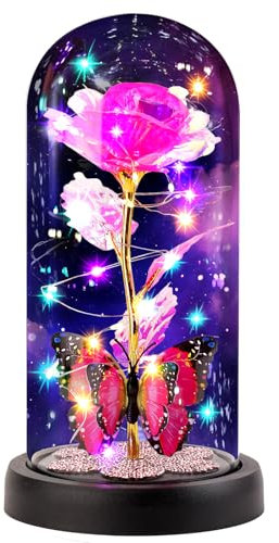 FAYODO Die Schöne und das Biest Ewige Rose, Blumen Geschenke für Mama, Rose in Einer Glaskuppel mit LED Licht Holzsockel für Freundin Frau am Weihnachten Muttertag Geburtstag Valentinstag Jahrestag